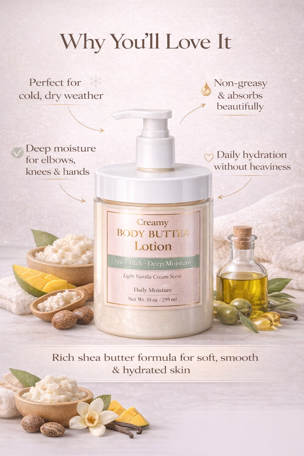 Creamy BODY BUTTER Lotion – Shea-Rich • Deep Moisture (10 oz / 295 ml)