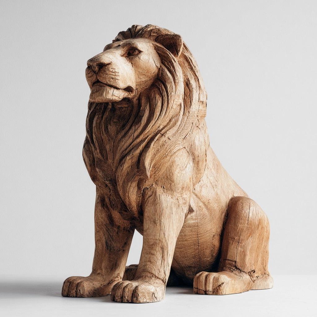 Rustic Regal: The Hand-Carved Weathered Wood Lion Sculpture | Wood Sculpture