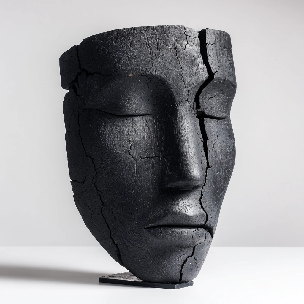 Charred Split Eroded Visage Sculpture