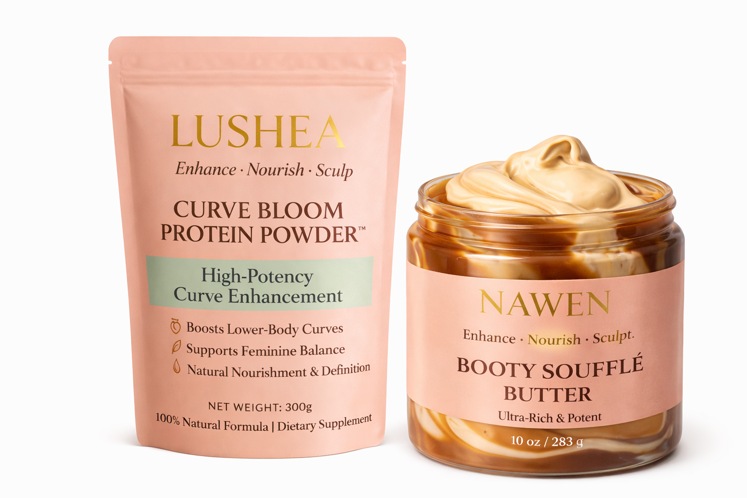 Curve Bloom protein powder and Nawen booty butter