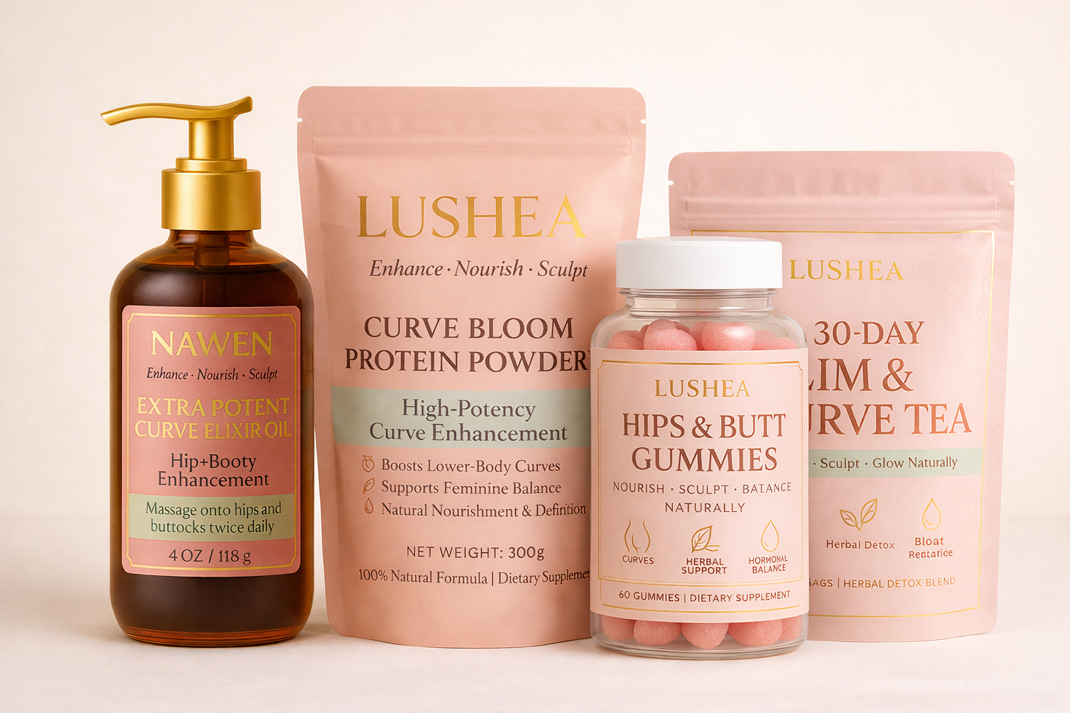 Extra Potent Curve Elixir Oil + Curve Bloom Protein Powder + Hips & Butt Gummies + 30-Day Slim & Curve Tea