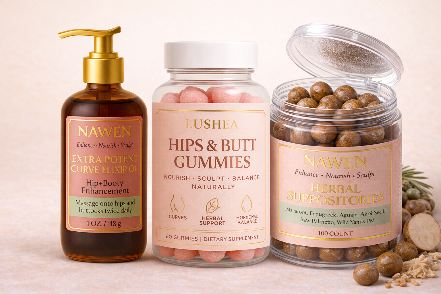 Extra Potent Curve Elixir Oil + Hips & Butt Gummies + Herbal Suppositories