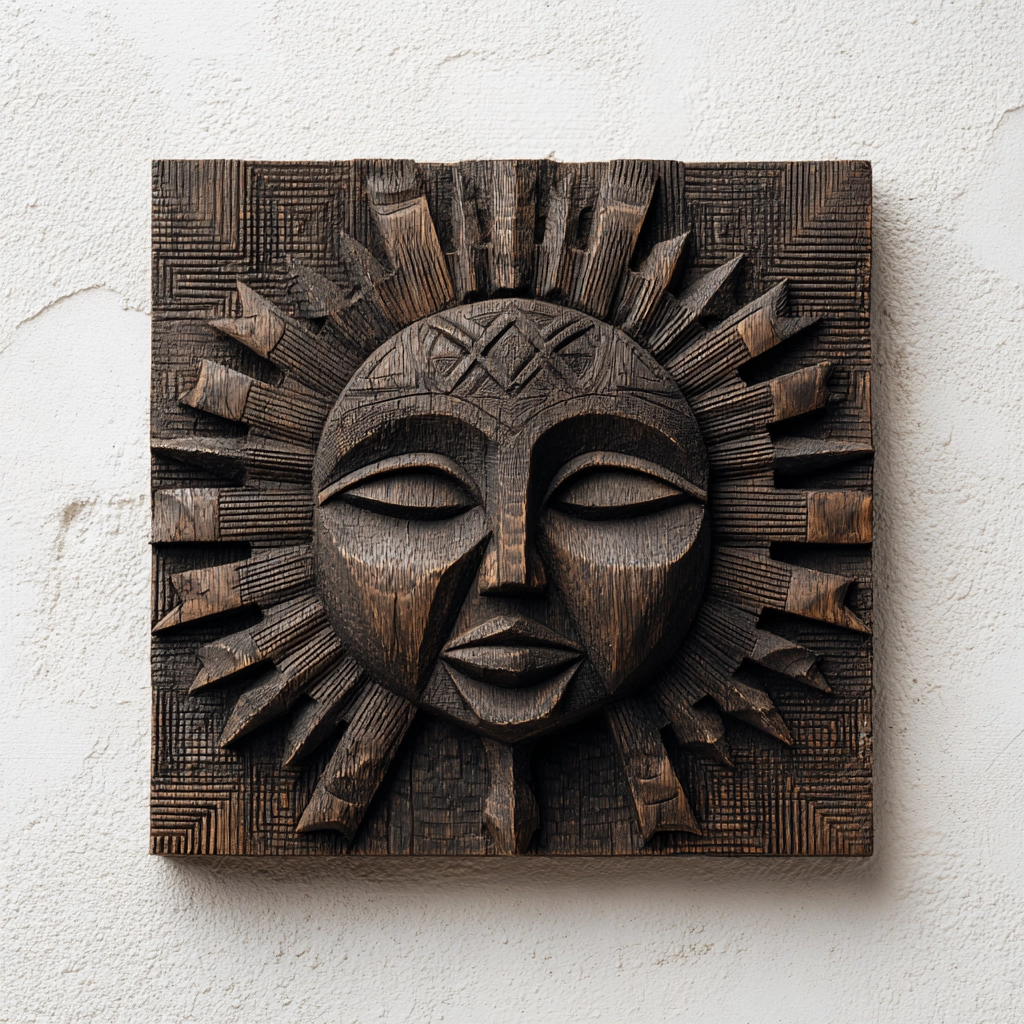 African Tribal Sun God Wooden Relief Wall Sculpture  Wood Sculpture