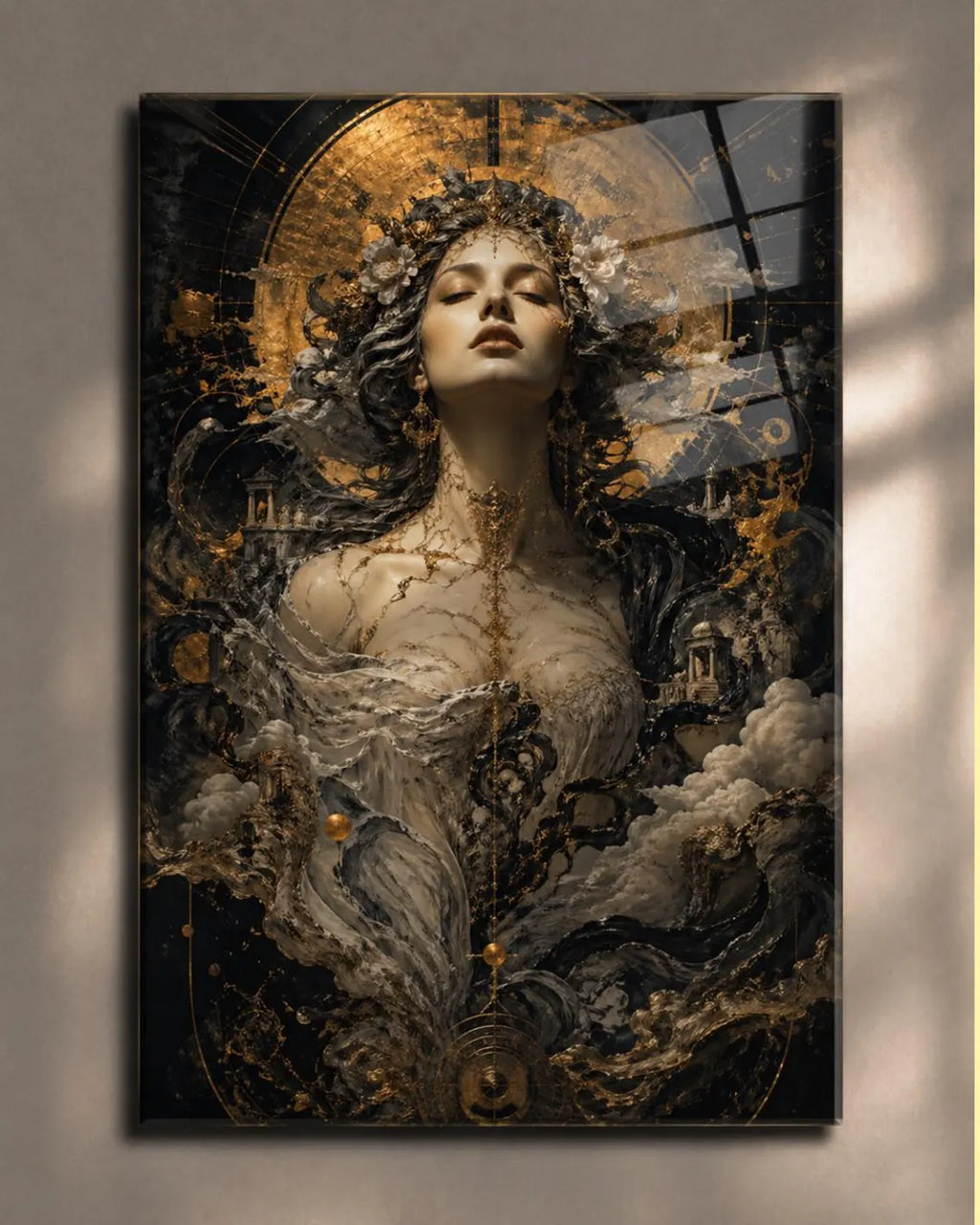 ONLY ONE – Museum Style Black Gold Goddess Glass Art, Luxury Statement Wall Decor, Exclusive 1/1