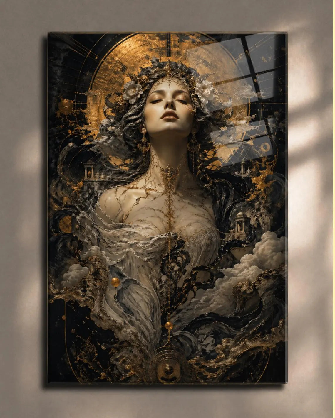 ONLY ONE – Museum Style Black Gold Goddess Glass Art, Luxury Statement Wall Decor, Exclusive 1/1