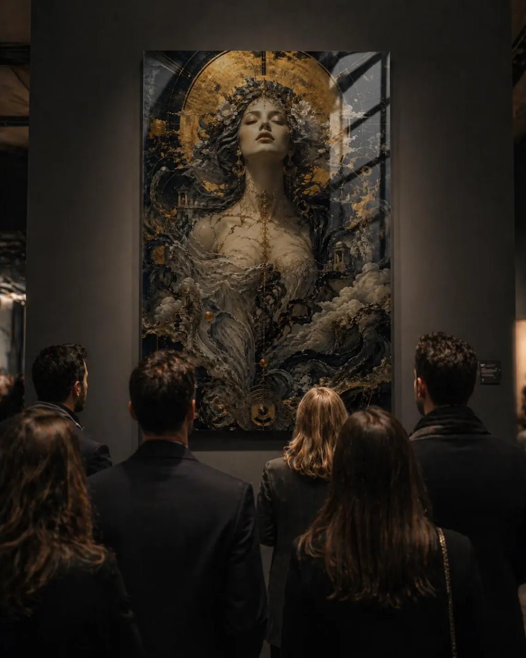 ONLY ONE – Museum Style Black Gold Goddess Glass Art, Luxury Statement Wall Decor, Exclusive 1/1