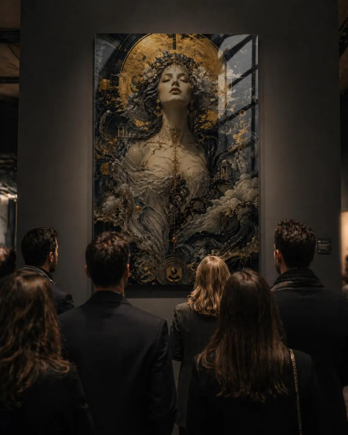 ONLY ONE – Museum Style Black Gold Goddess Glass Art, Luxury Statement Wall Decor, Exclusive 1/1