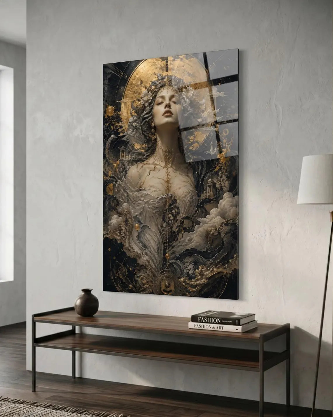 ONLY ONE – Museum Style Black Gold Goddess Glass Art, Luxury Statement Wall Decor, Exclusive 1/1