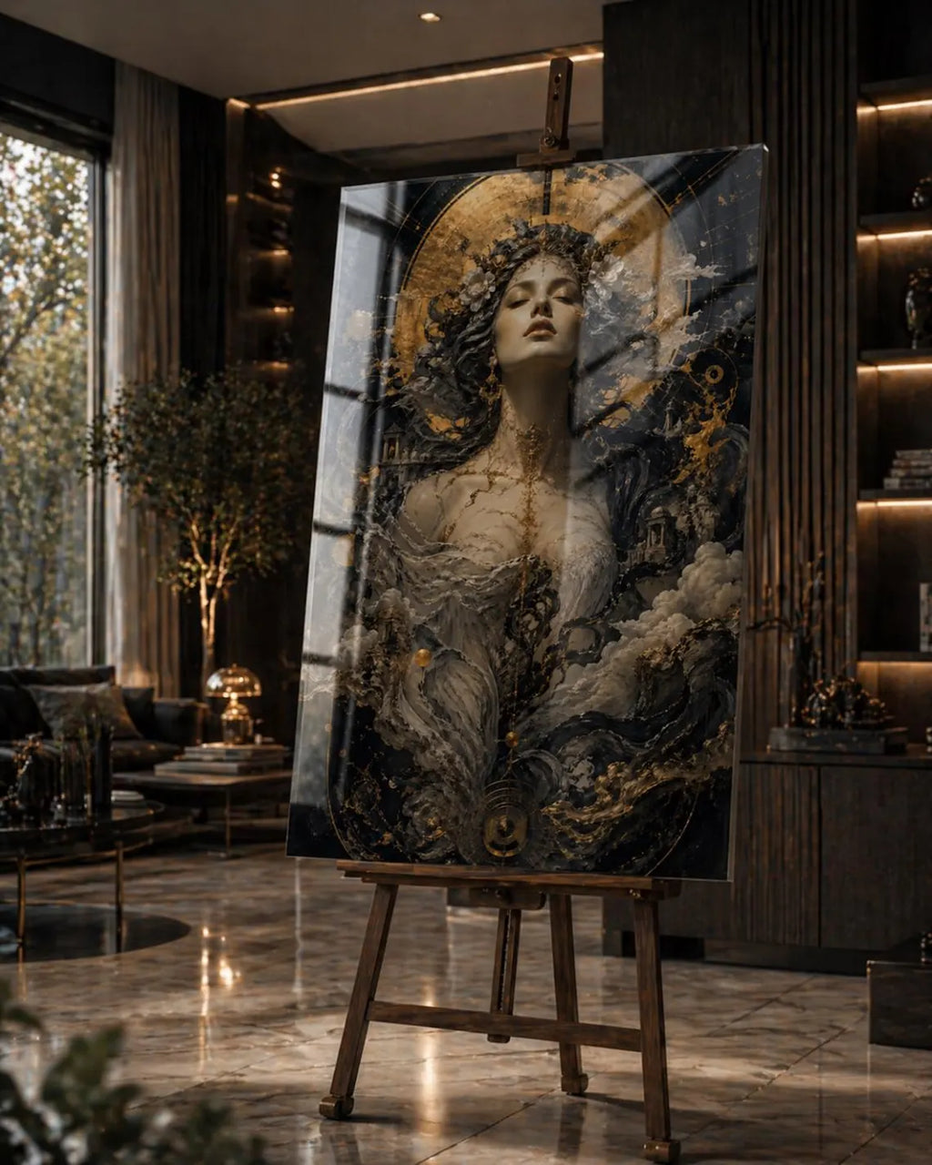 ONLY ONE – Museum Style Black Gold Goddess Glass Art, Luxury Statement Wall Decor, Exclusive 1/1