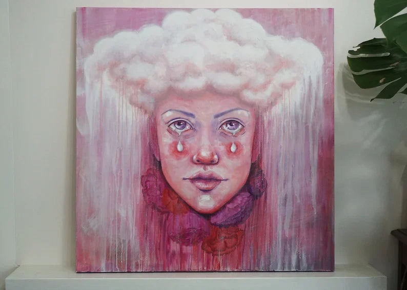 Original Pink Abstract Portrait Painting 36"x36" Art