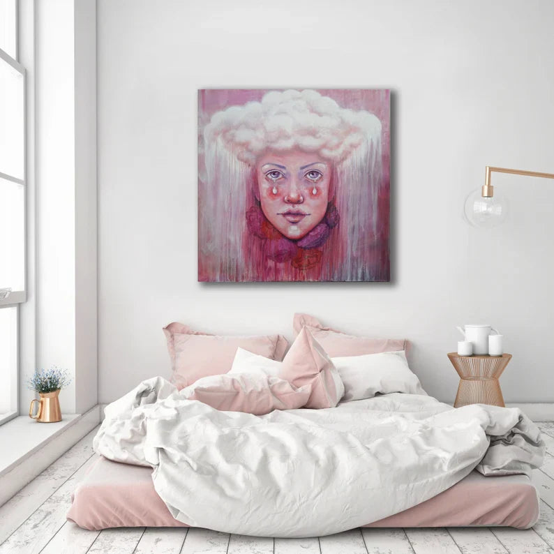 Original Pink Abstract Portrait Painting 36"x36" Art