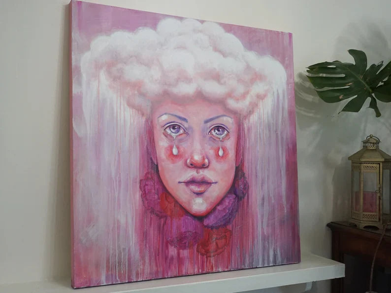 Original Pink Abstract Portrait Painting 36"x36" Art