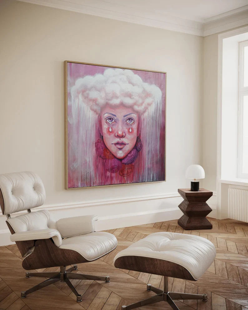Original Pink Abstract Portrait Painting 36"x36" Art