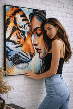 Large Original Acrylic Painting 80x100, One of a Kind Contemporary Woman and Tiger Portrait, Hand-Painted Artwork by Artist