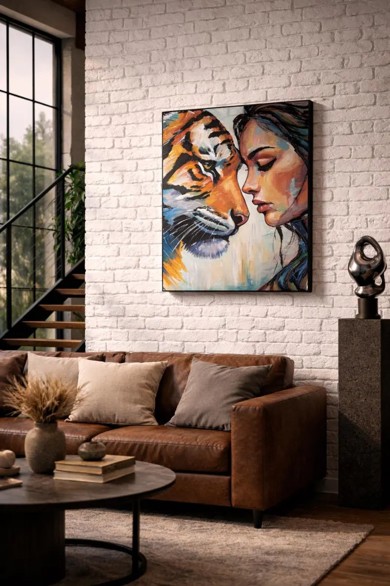Large Original Acrylic Painting 80x100, One of a Kind Contemporary Woman and Tiger Portrait, Hand-Painted Artwork by Artist