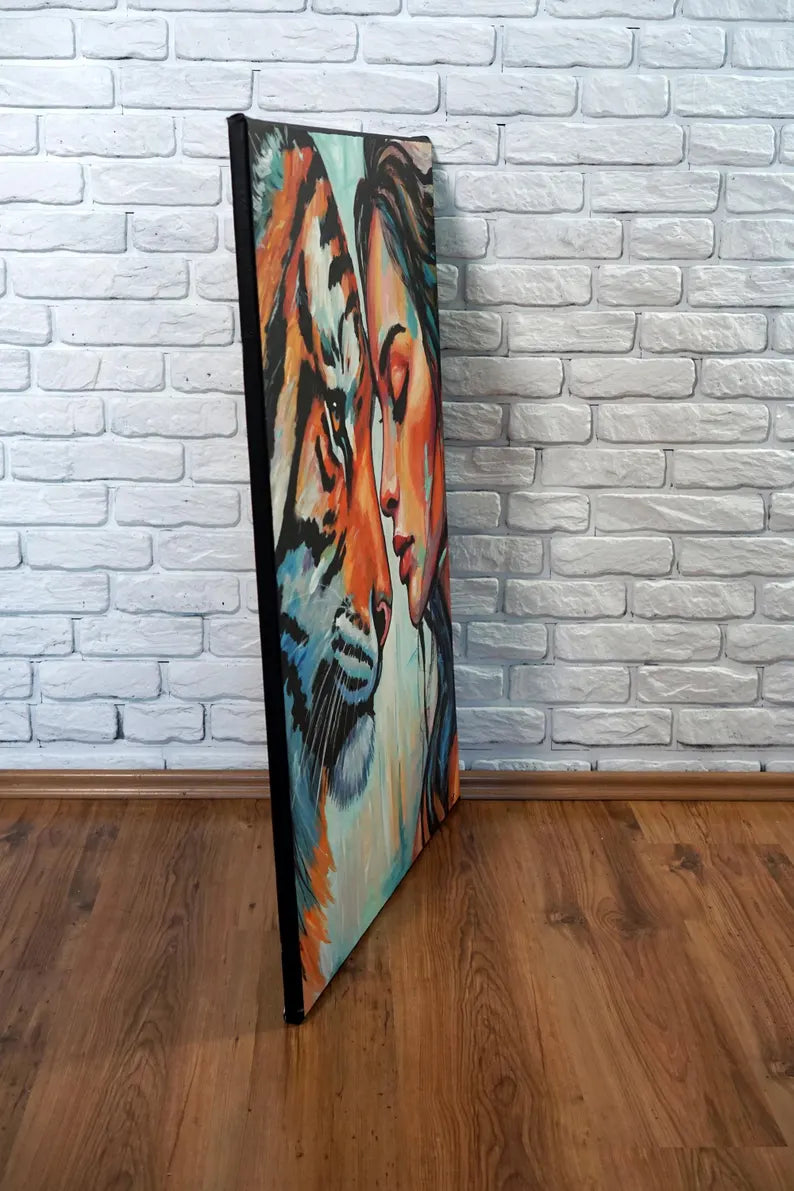 Large Original Acrylic Painting 80x100, One of a Kind Contemporary Woman and Tiger Portrait, Hand-Painted Artwork by Artist