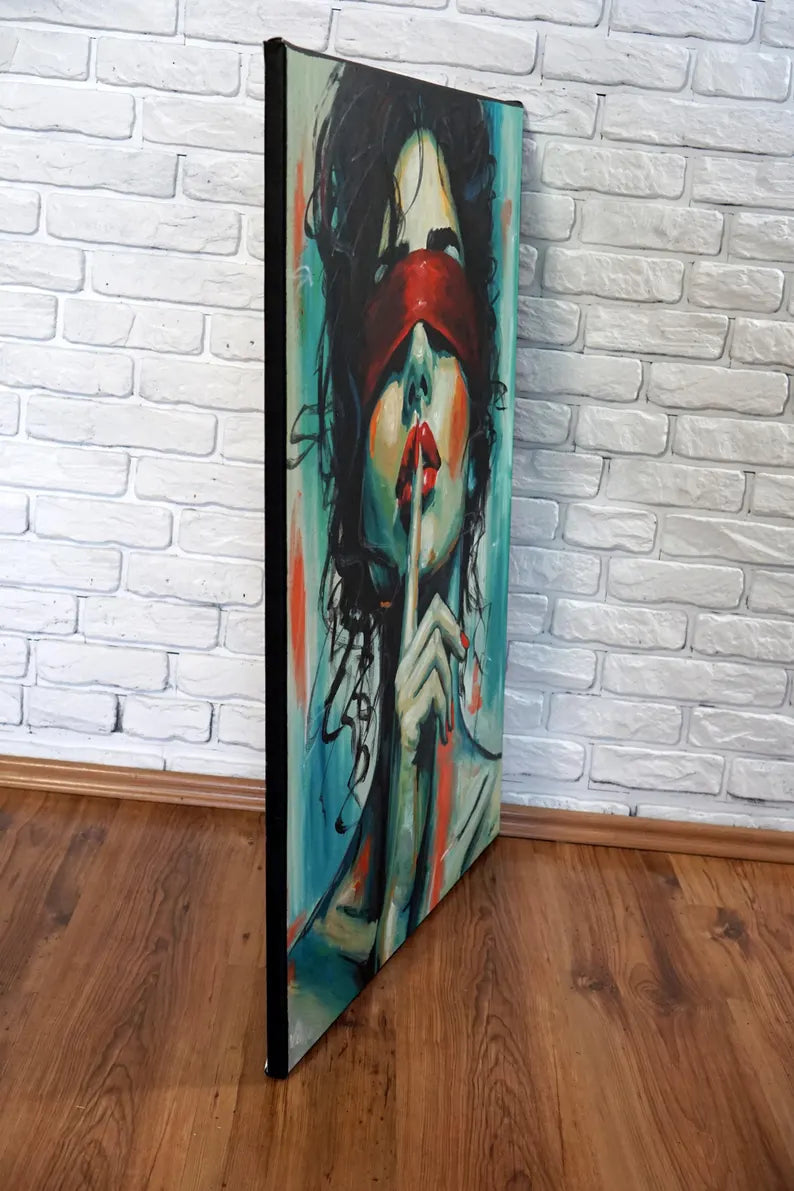 Large Original Acrylic Painting 80x100, One of a Kind Blindfolded Woman Portrait, Silence Gesture Wall Art