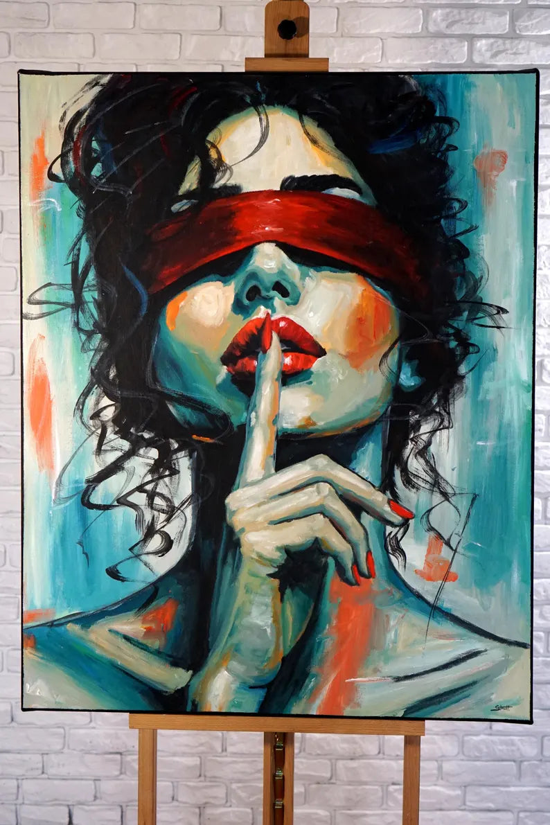 Large Original Acrylic Painting 80x100, One of a Kind Blindfolded Woman Portrait, Silence Gesture Wall Art