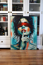 Large Original Acrylic Painting 80x100, One of a Kind Blindfolded Woman Portrait, Silence Gesture Wall Art