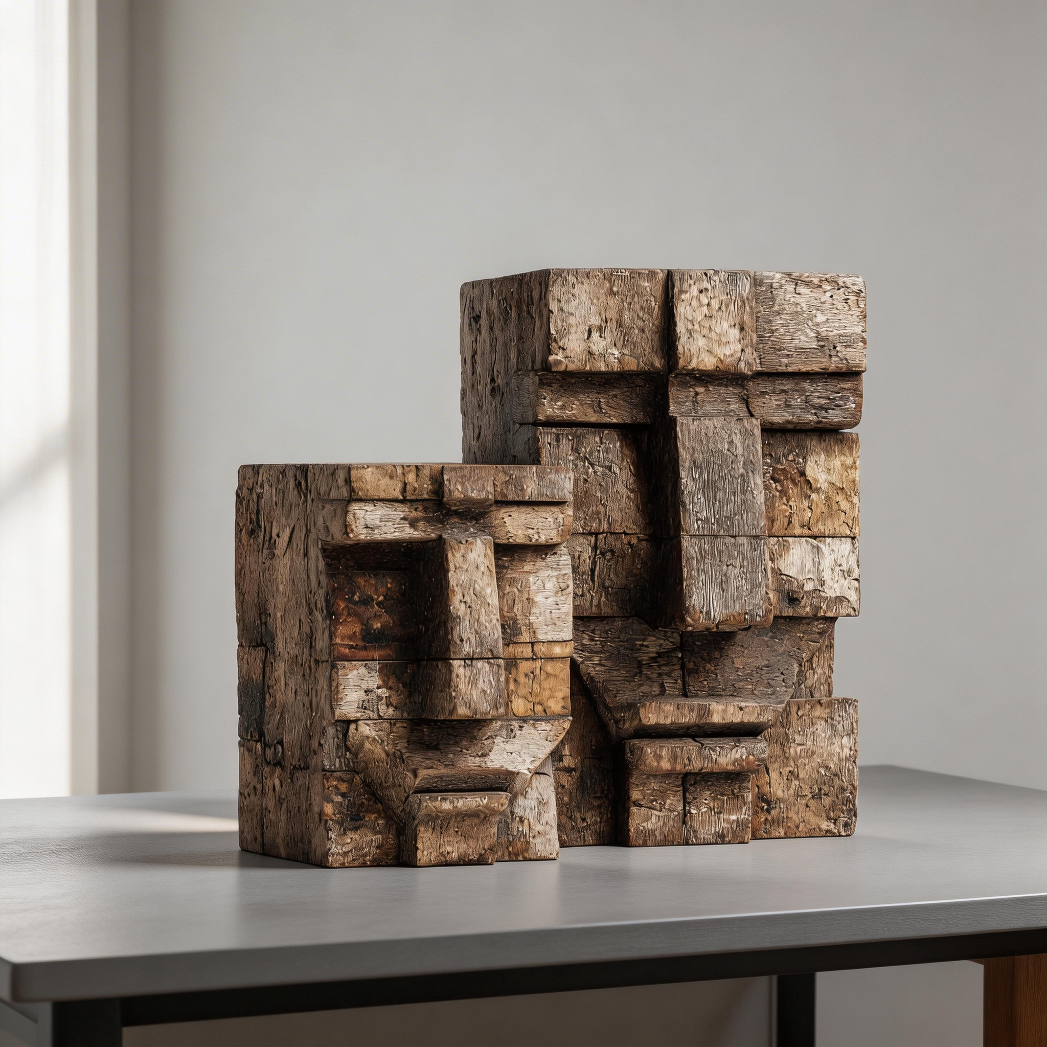 Ancestral Block Duo: The Geometric Primitive Faces｜ Wood Sculpture