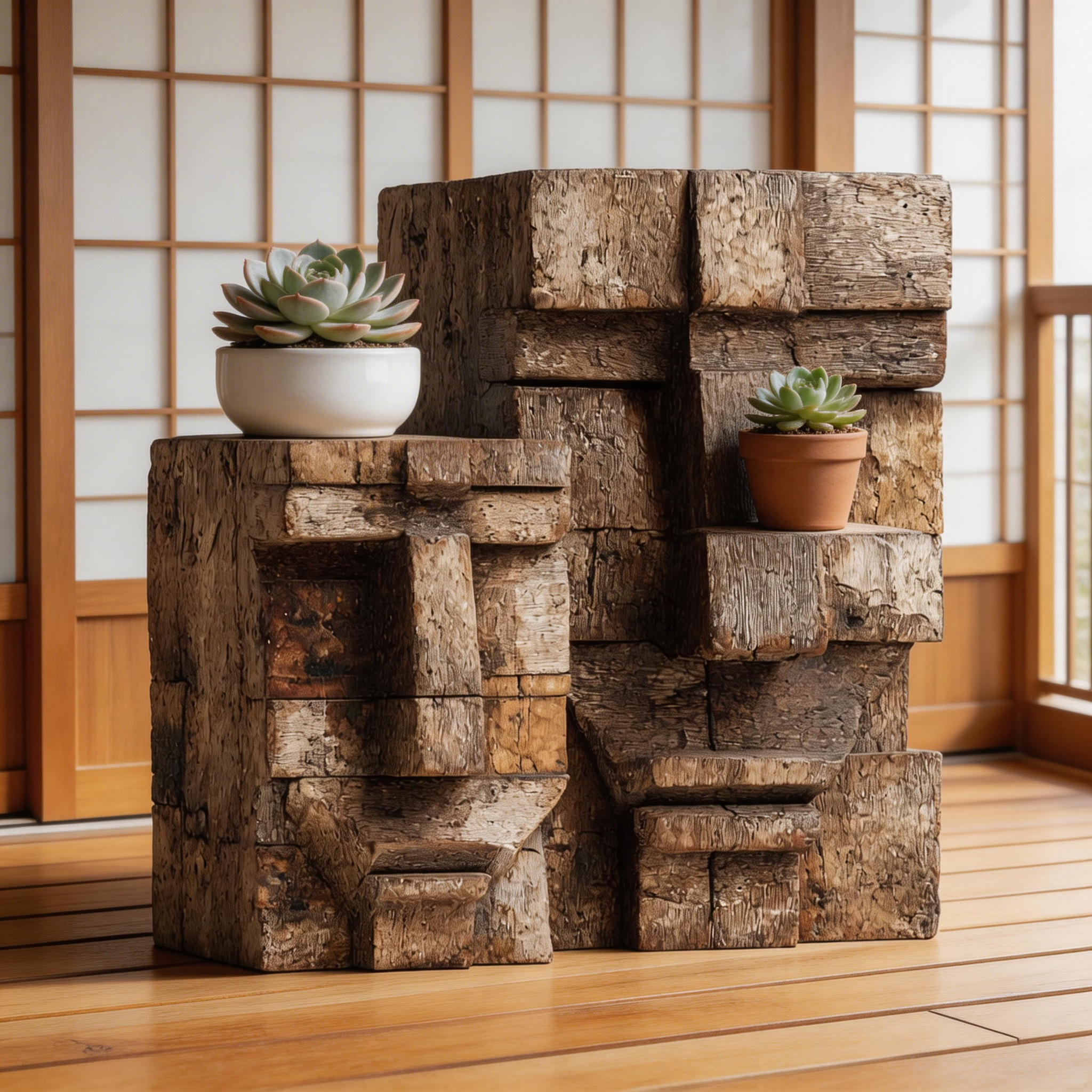 Ancestral Block Duo: The Geometric Primitive Faces｜ Wood Sculpture