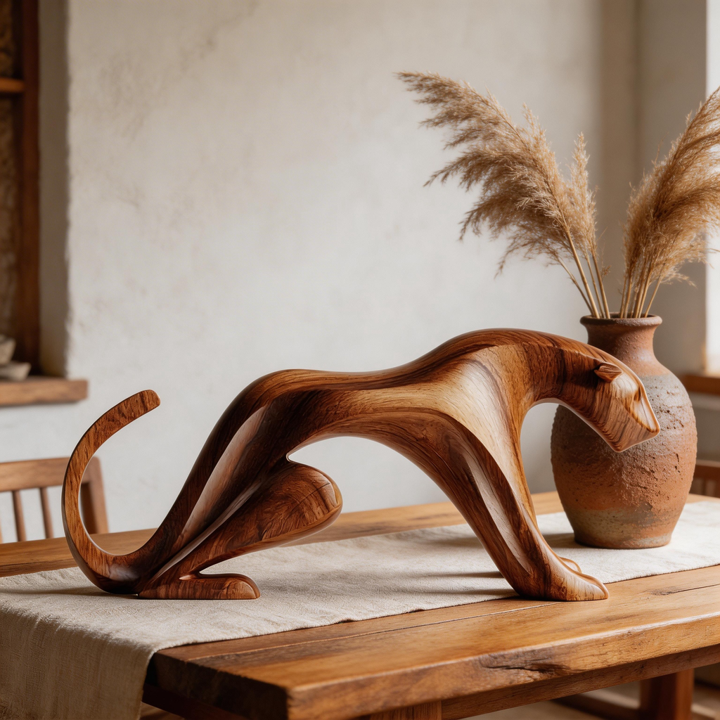 Sinuous Stalker: The Hand-Carved Abstract Wood Panther Sculpture| Wood Sculpture