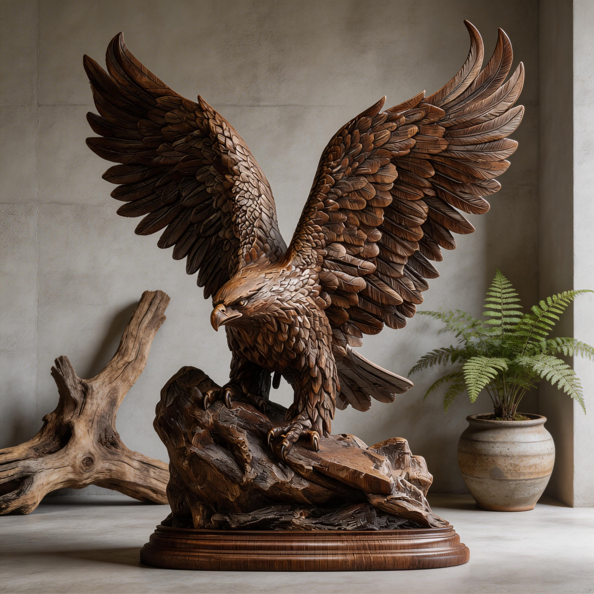 Ascendant Sovereign: The Hand-Carved Wooden Eagle Sculpture | Wood Sculpture