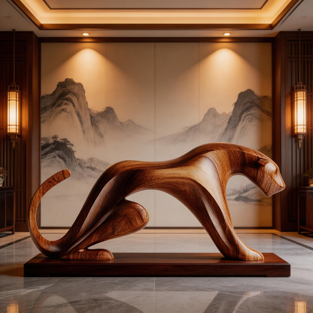 Sinuous Stalker: The Hand-Carved Abstract Wood Panther Sculpture| Wood Sculpture