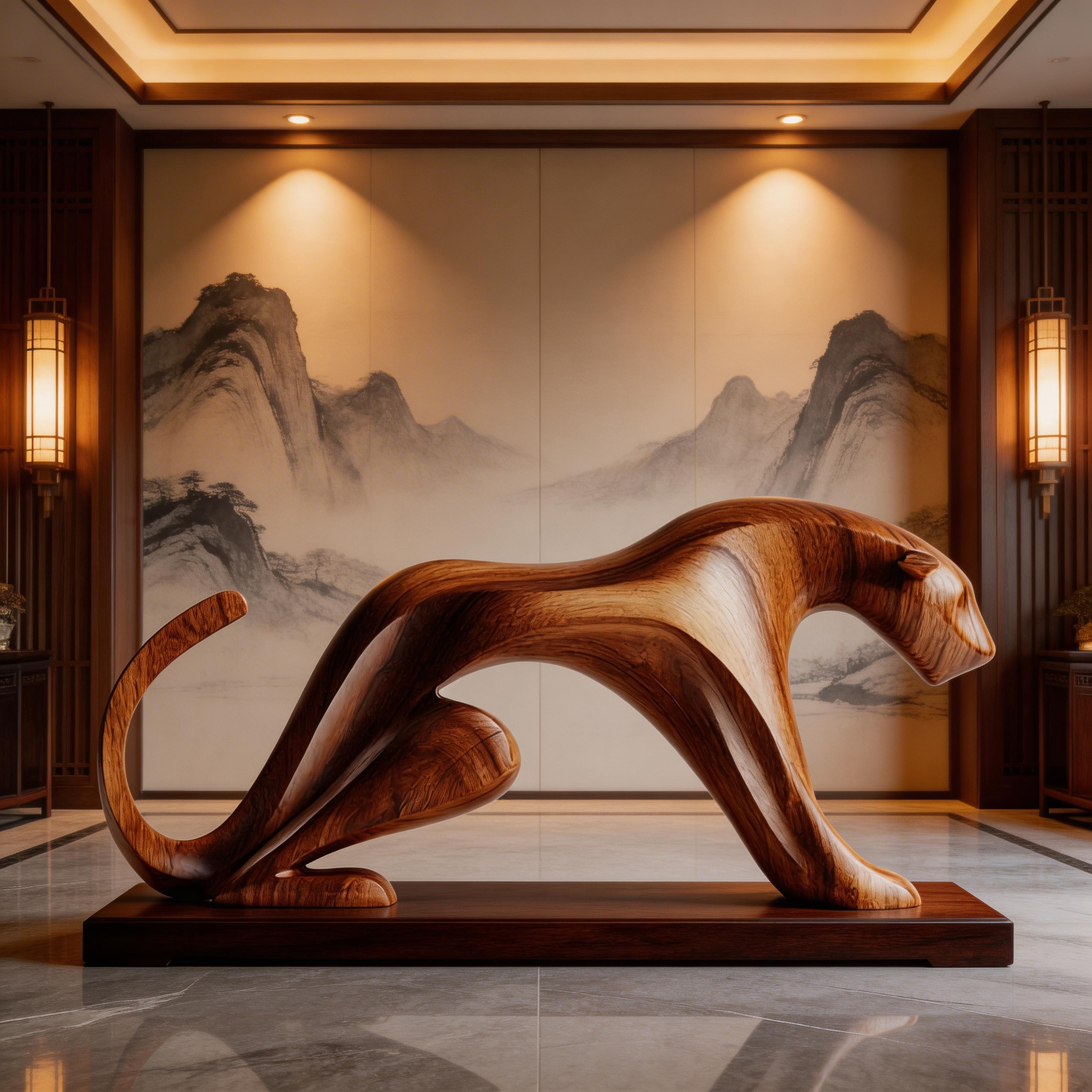 Sinuous Stalker: The Hand-Carved Abstract Wood Panther Sculpture| Wood Sculpture