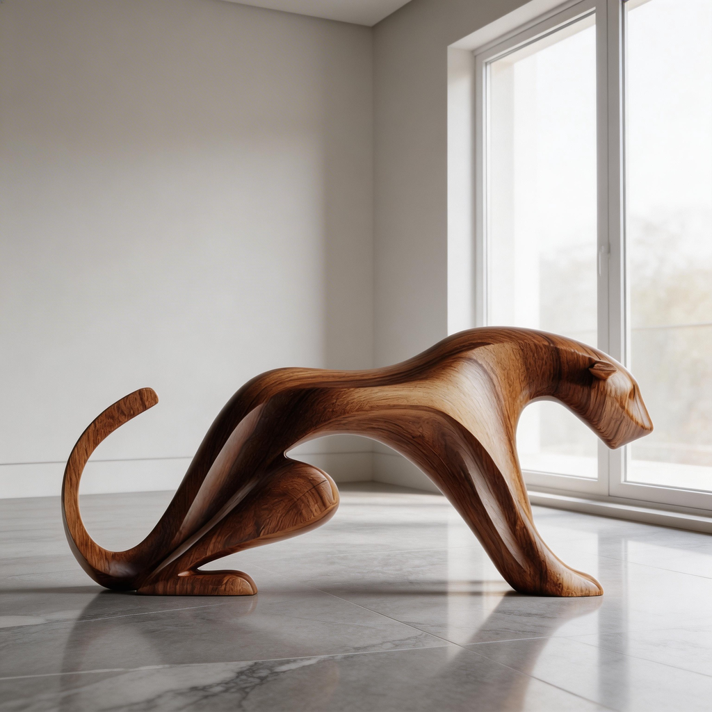 Sinuous Stalker: The Hand-Carved Abstract Wood Panther Sculpture| Wood Sculpture