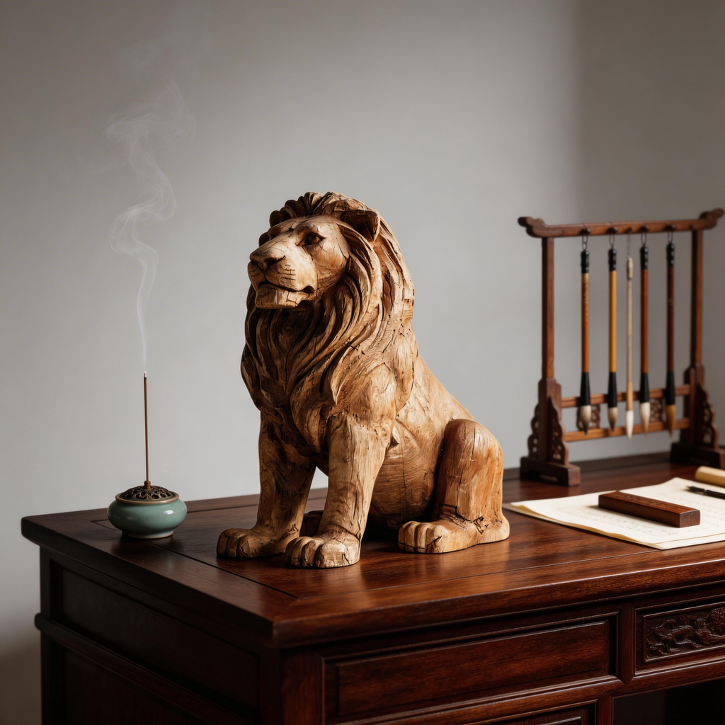 Rustic Regal: The Hand-Carved Weathered Wood Lion Sculpture | Wood Sculpture