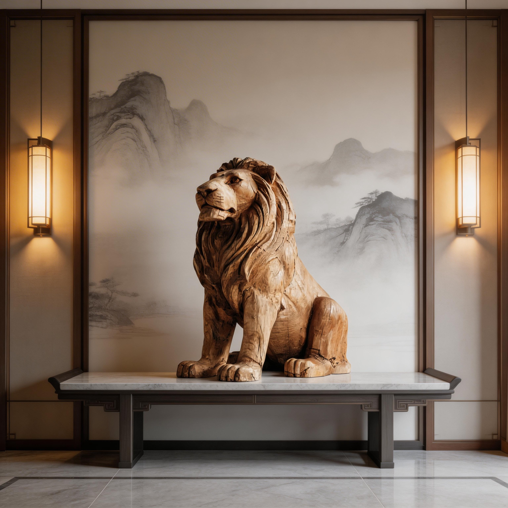 Rustic Regal: The Hand-Carved Weathered Wood Lion Sculpture | Wood Sculpture