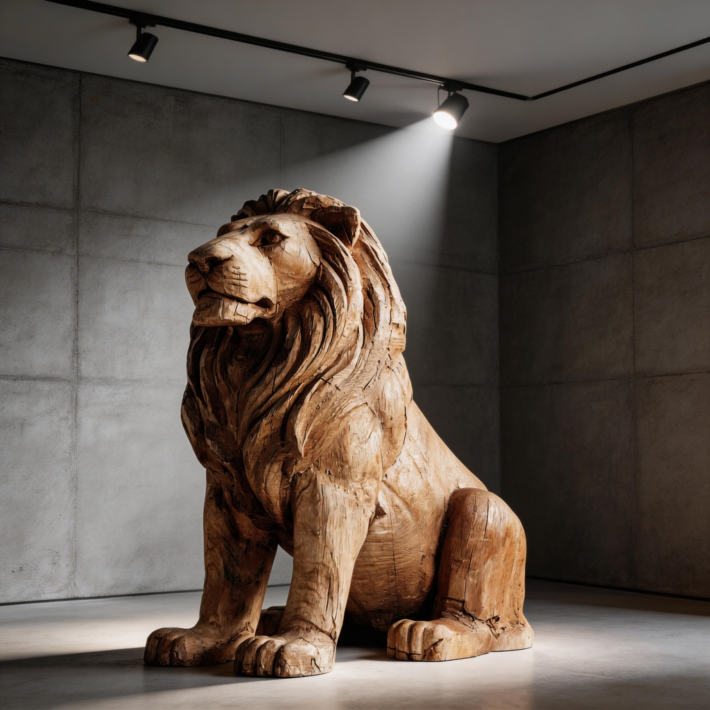 Rustic Regal: The Hand-Carved Weathered Wood Lion Sculpture | Wood Sculpture