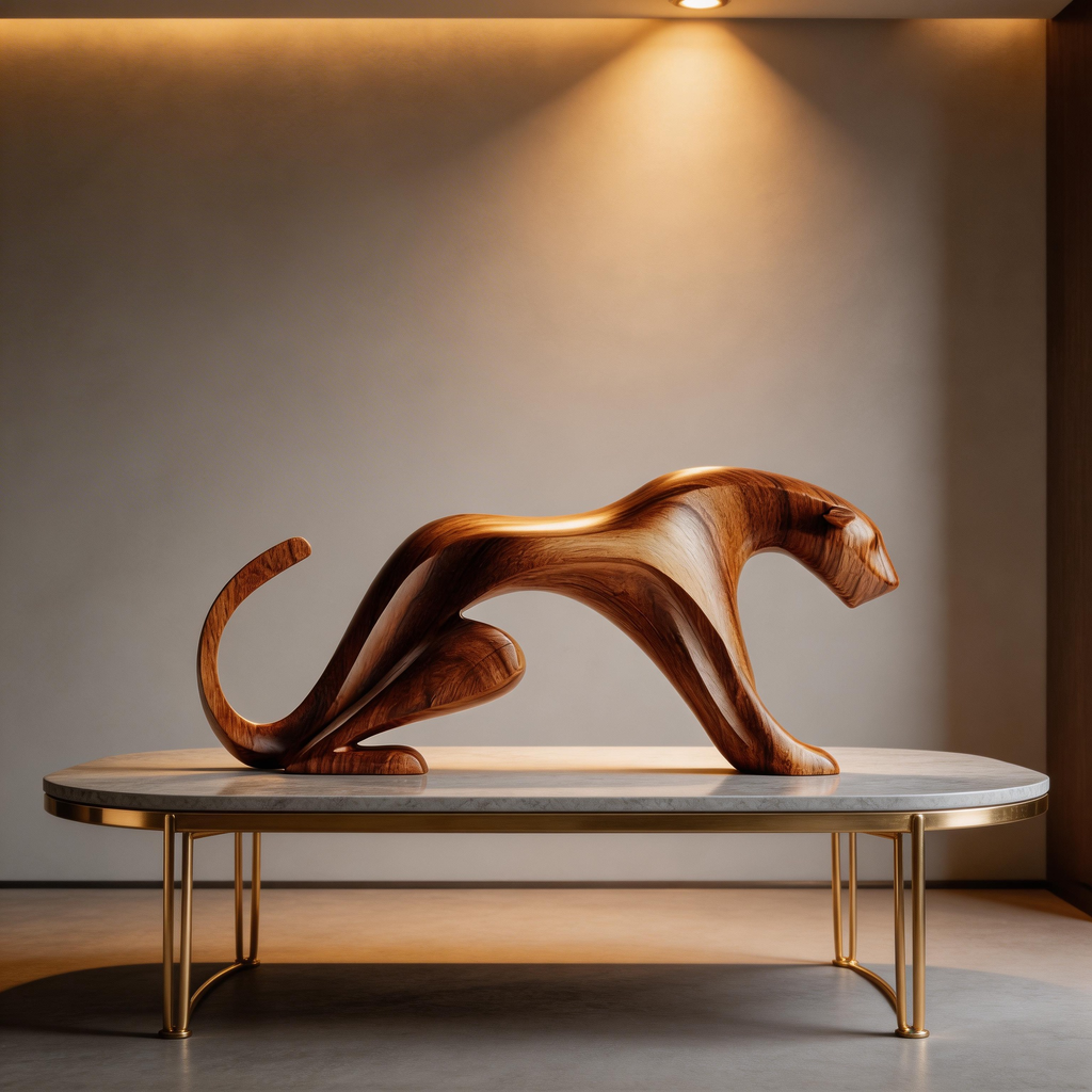 Sinuous Stalker: The Hand-Carved Abstract Wood Panther Sculpture| Wood Sculpture