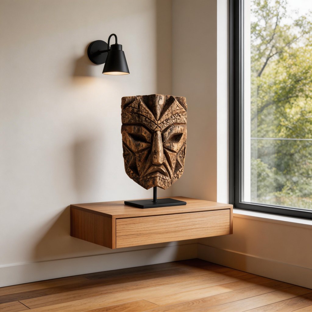 Ancient Geometric Primitivism Mask l Wood Sculpture