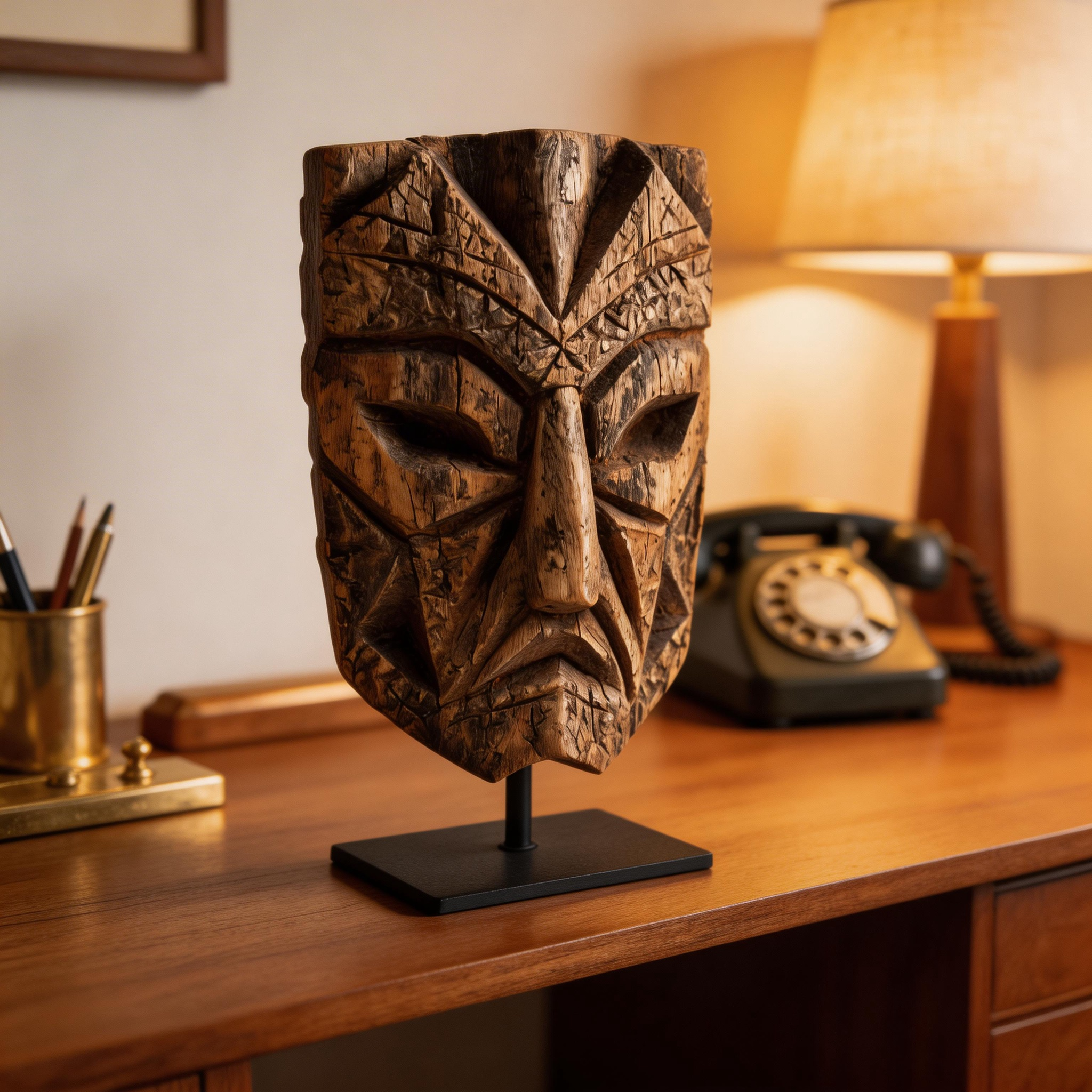 Ancient Geometric Primitivism Mask l Wood Sculpture
