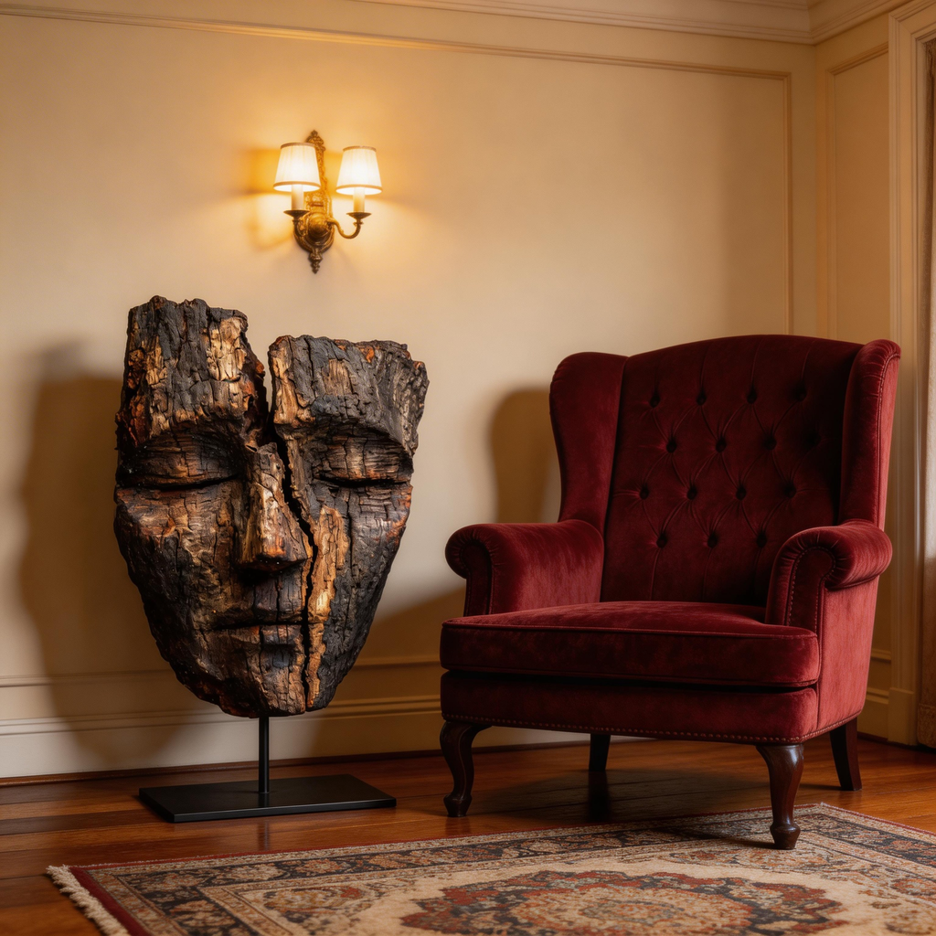 Ancestral Split Wooden Mask Sculpture  Wood Sculpture