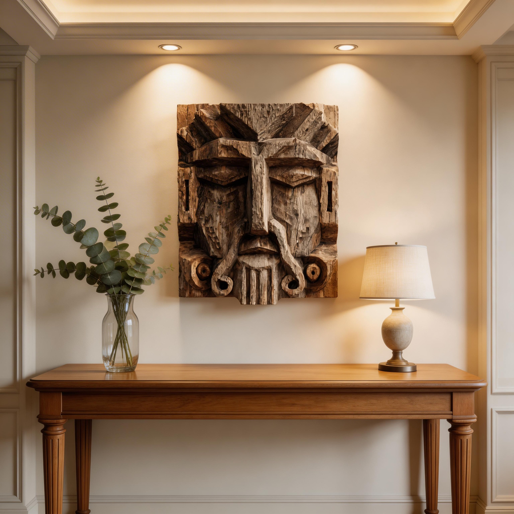Ancient Tribal Elder Relief Wall Mask  Wood Sculpture
