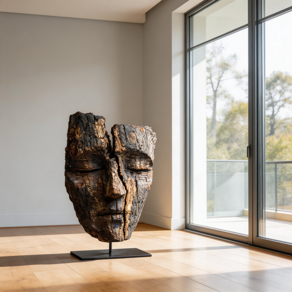 Ancestral Split Wooden Mask Sculpture  Wood Sculpture