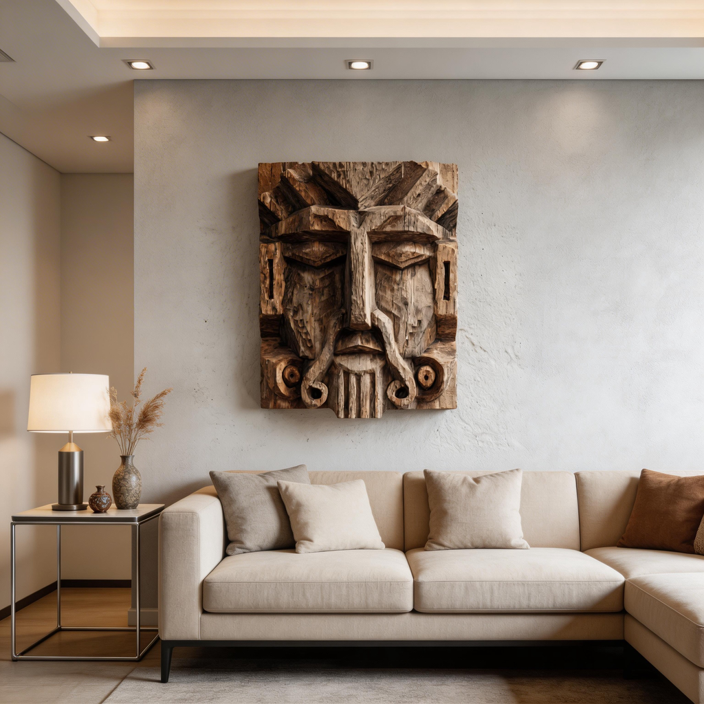 Ancient Tribal Elder Relief Wall Mask  Wood Sculpture