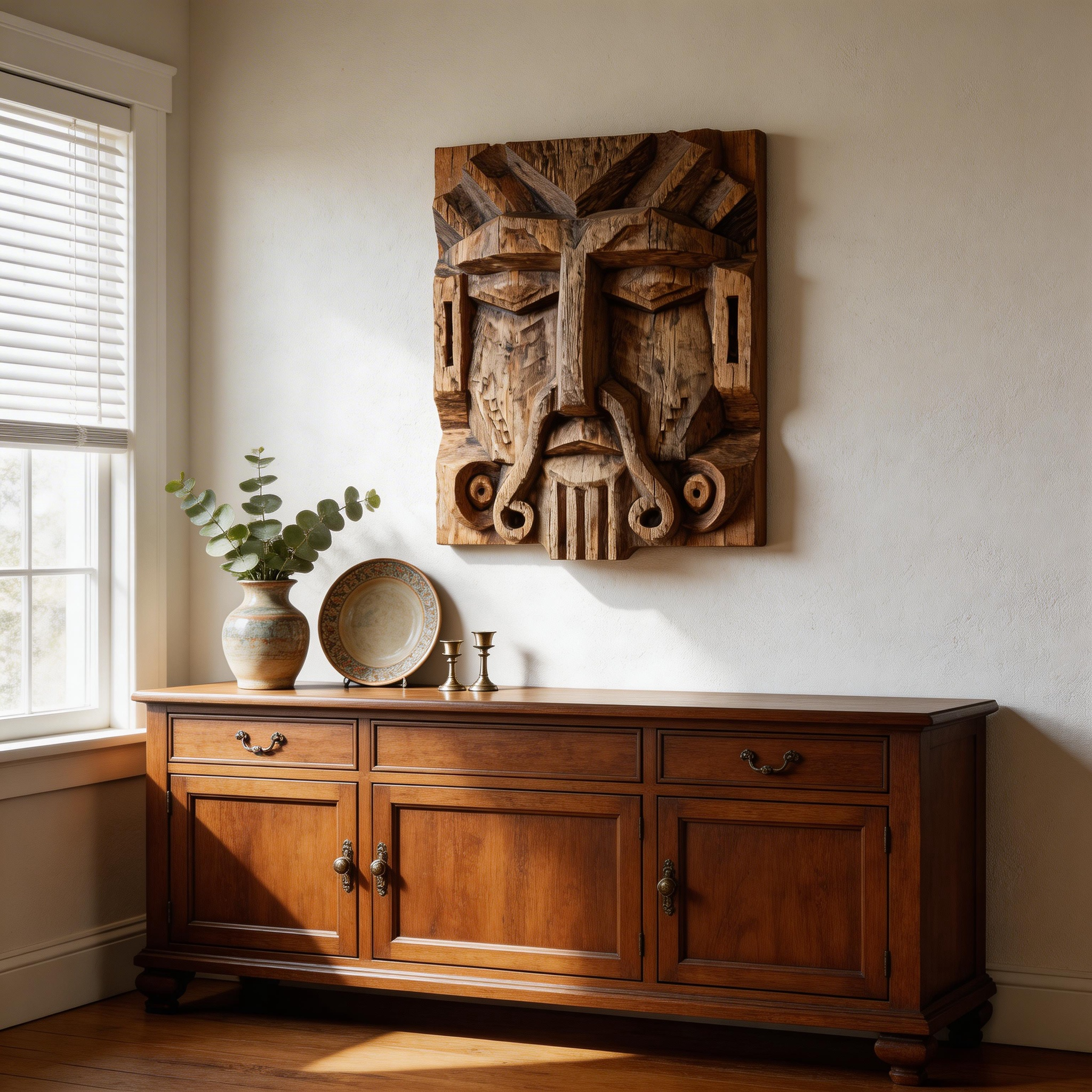 Ancient Tribal Elder Relief Wall Mask  Wood Sculpture