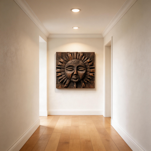African Tribal Sun God Wooden Relief Wall Sculpture  Wood Sculpture
