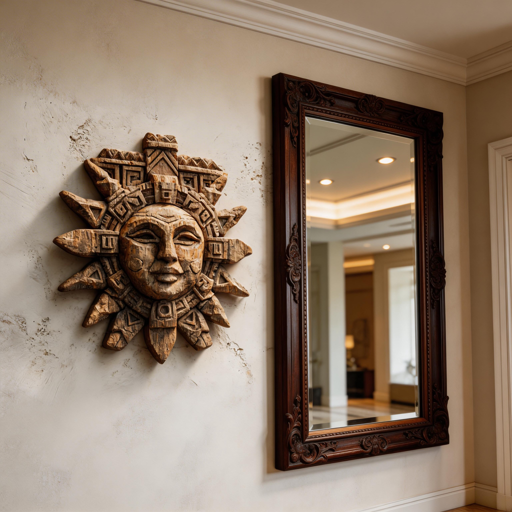 Ancient Mayan Sun God Tribal Wooden Mask Wall Sculpture  Wood Sculpture