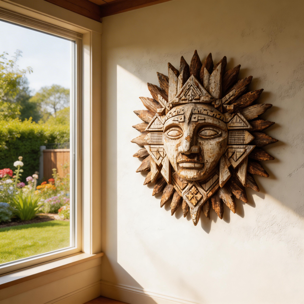 Ancient Mayan Sun God Tribal Wooden Mask Wall Sculpture  Wood Sculpture