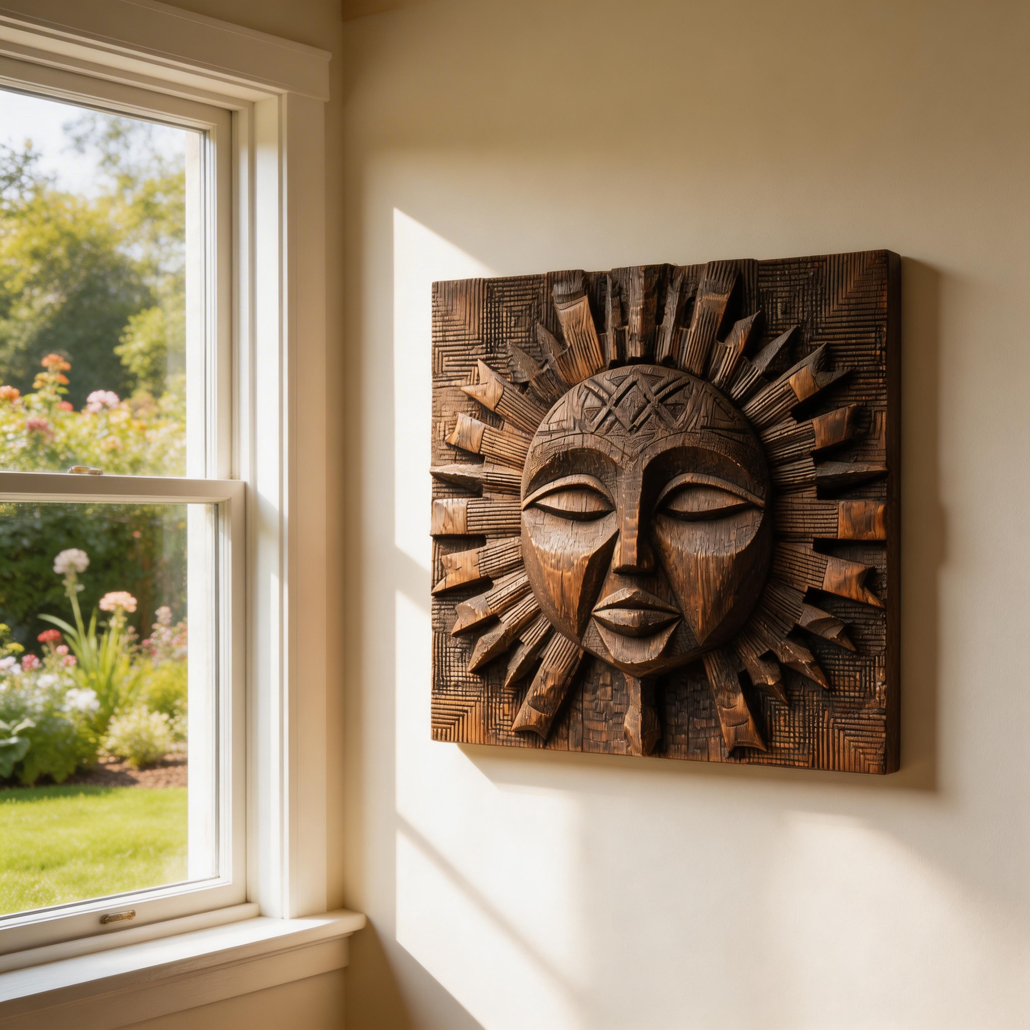 African Tribal Sun God Wooden Relief Wall Sculpture  Wood Sculpture