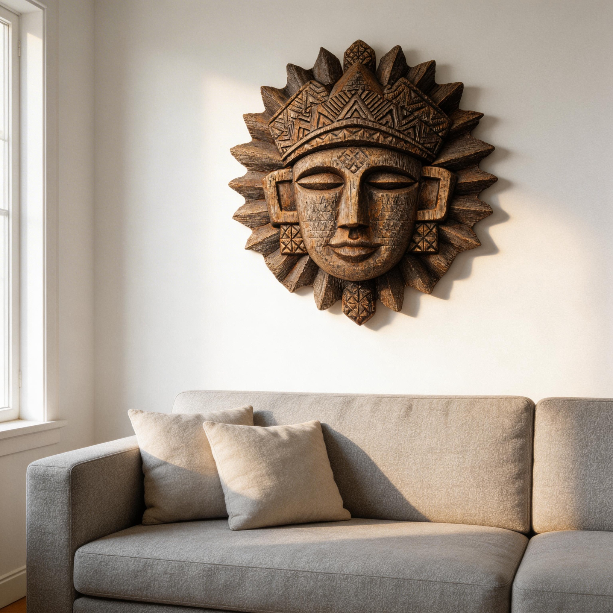 Ancient Tribal Sun Deity Wooden Mask Wall Sculpture  Wood Sculpture