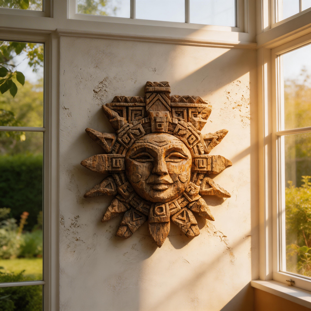 Ancient Mayan Sun God Tribal Wooden Mask Wall Sculpture  Wood Sculpture
