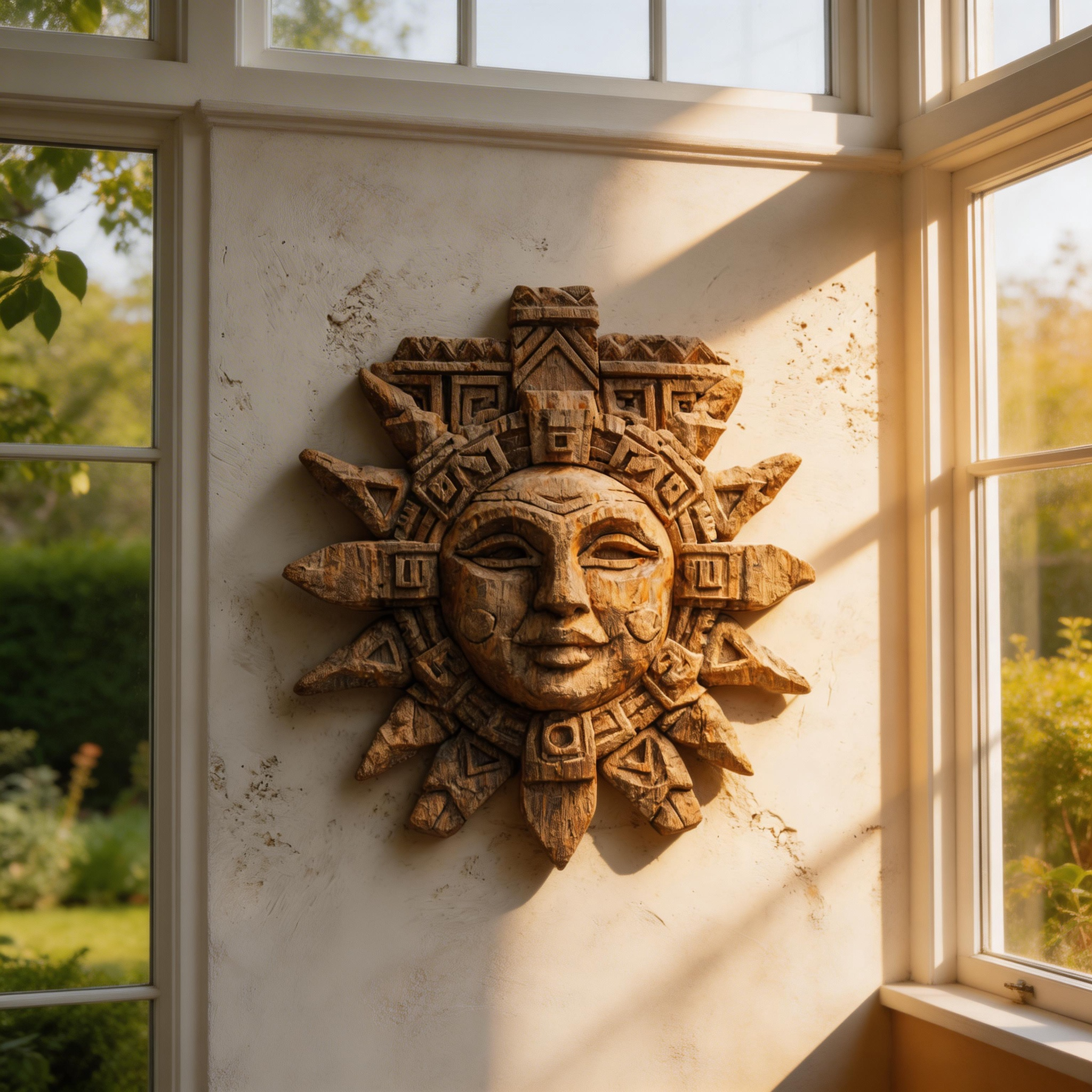 Ancient Mayan Sun God Tribal Wooden Mask Wall Sculpture  Wood Sculpture