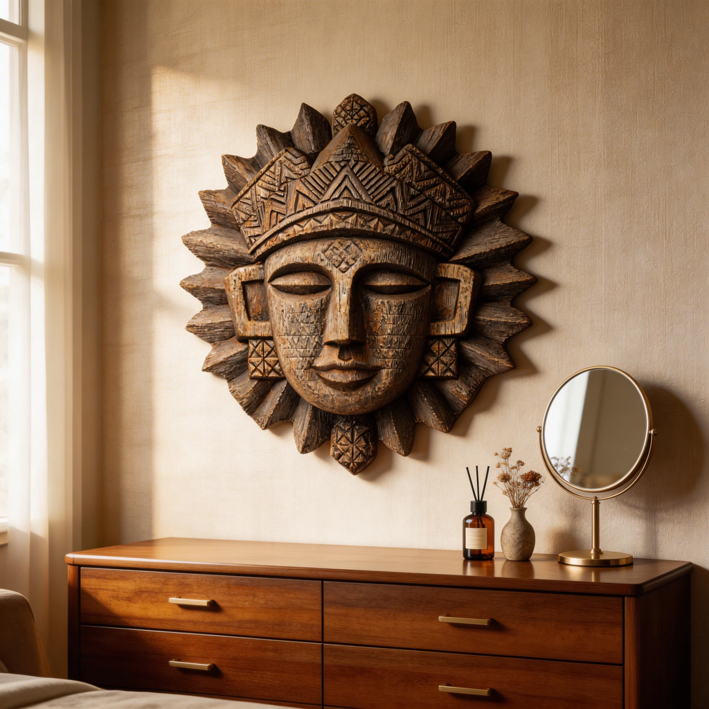 Ancient Tribal Sun Deity Wooden Mask Wall Sculpture  Wood Sculpture