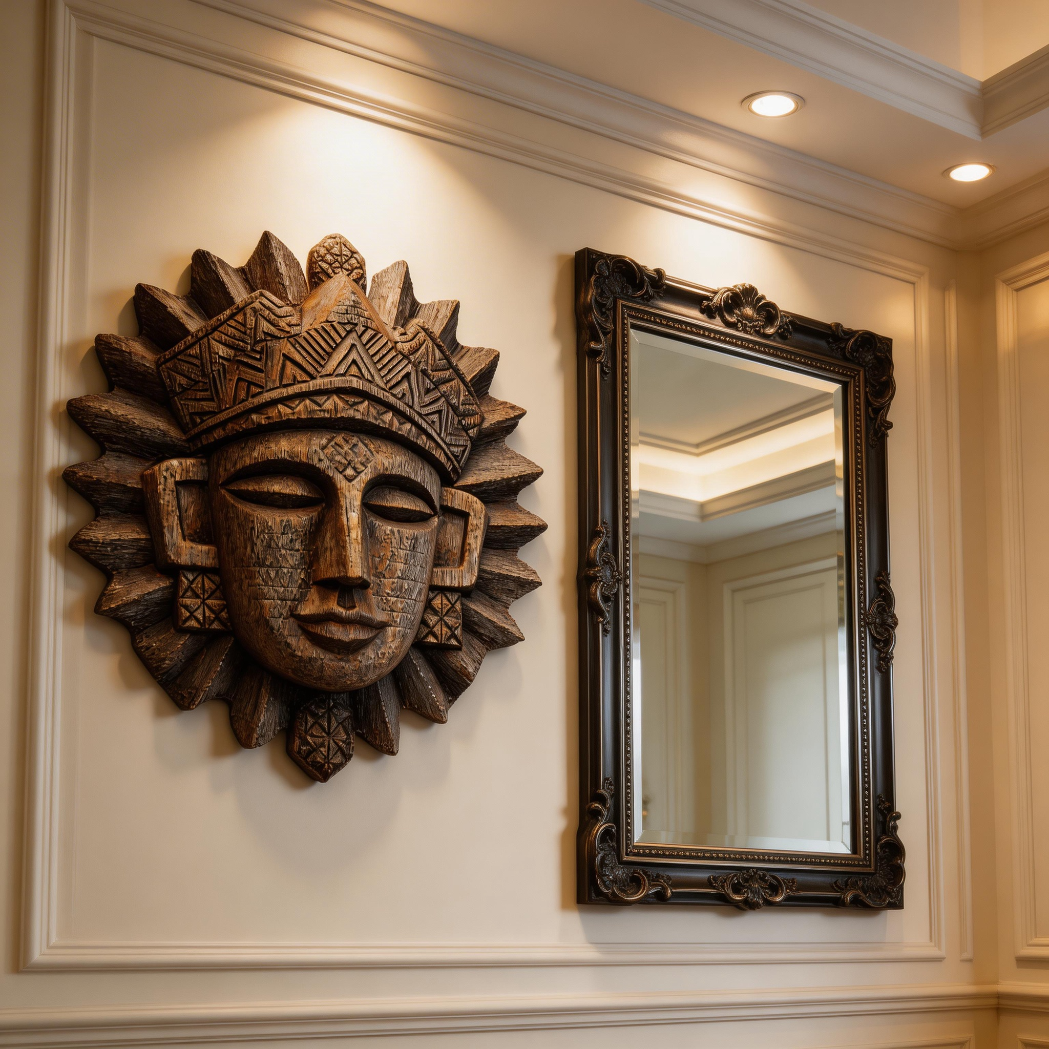 Ancient Tribal Sun Deity Wooden Mask Wall Sculpture  Wood Sculpture